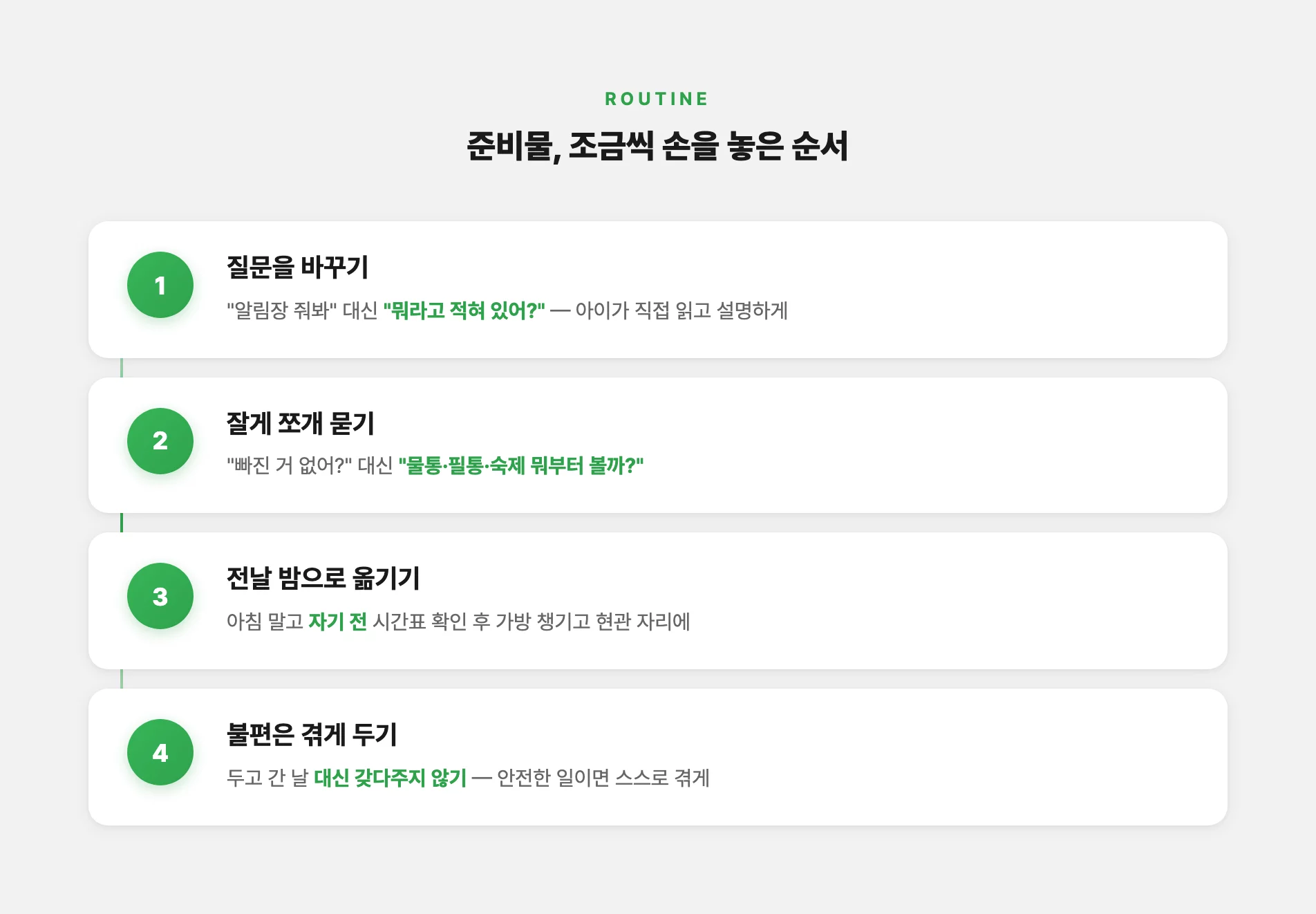 준비물 스스로 챙기게 손 놓은 순서